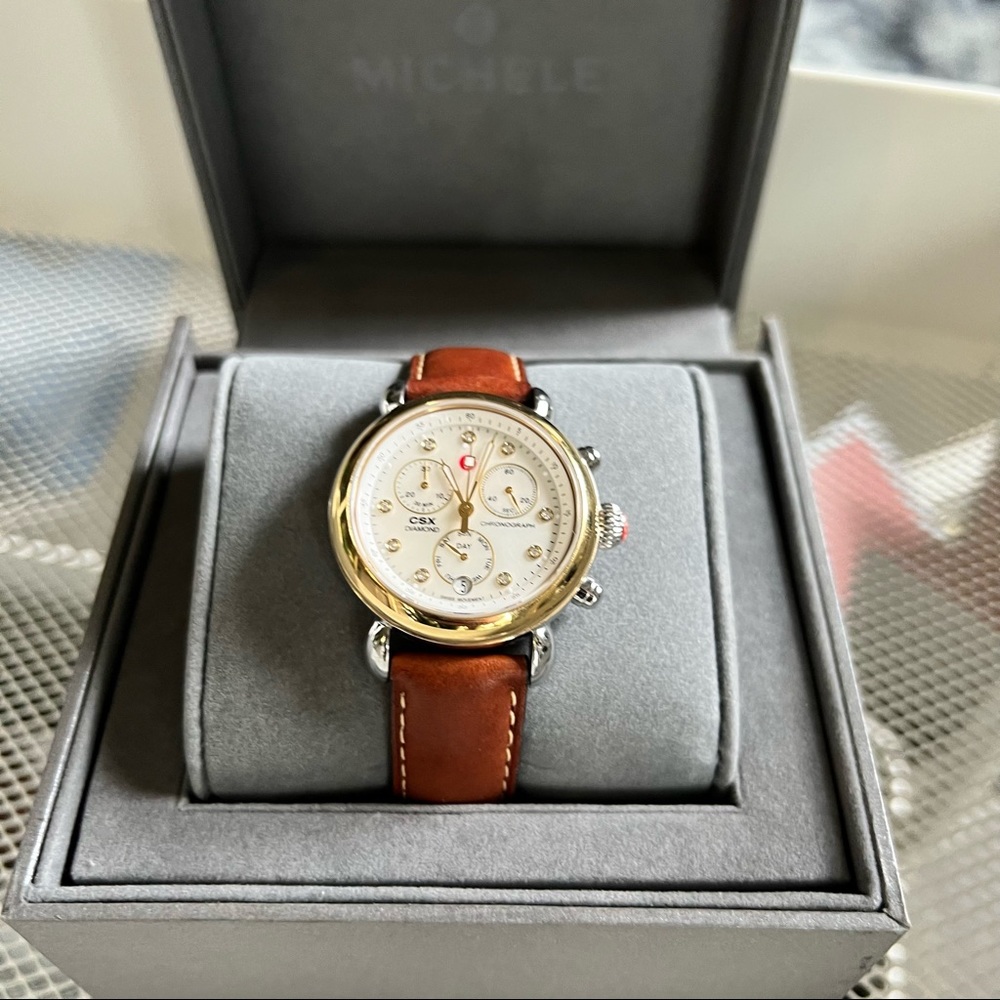 Michele two-tone gold Signature CSX-36 Diamond round watch with two straps